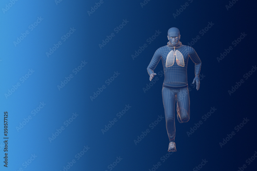 Transparent man with wireframe body running against blue background. 3D rendering. Transparent man with wireframe body running against blue background. 3D rendering.