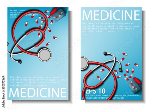 Medical design for the design of hospitals and sites. Medical equipment.
Red stethoscope or phonendoscope. A jar of spilled pills. Stock vector.