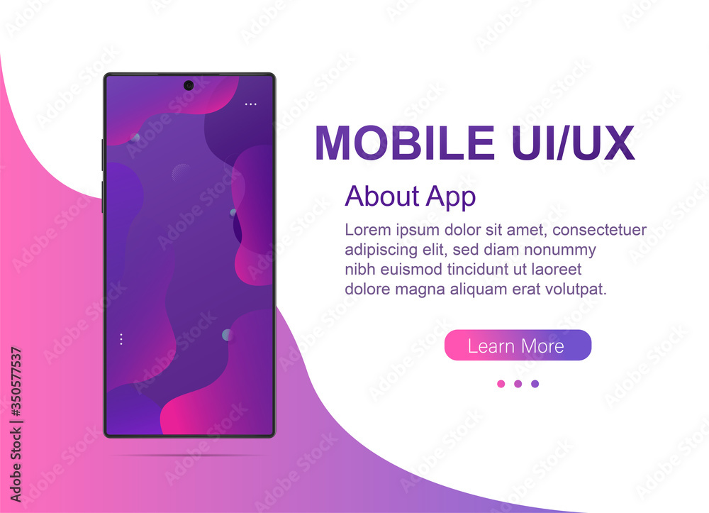Fototapeta premium Nowoczesny smartfon z kolorowym gradientem na ekranie. Realistyczny telefon komórkowy może być szablonem infografiki lub prezentacji interfejsu. Ilustracja wektorowa UI UX design