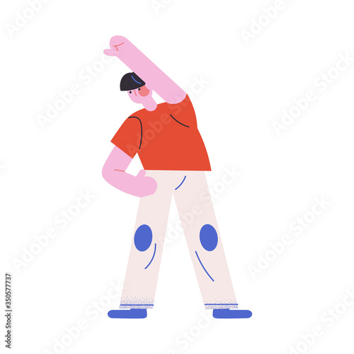 Young man doing morning exercises at home vector illustration