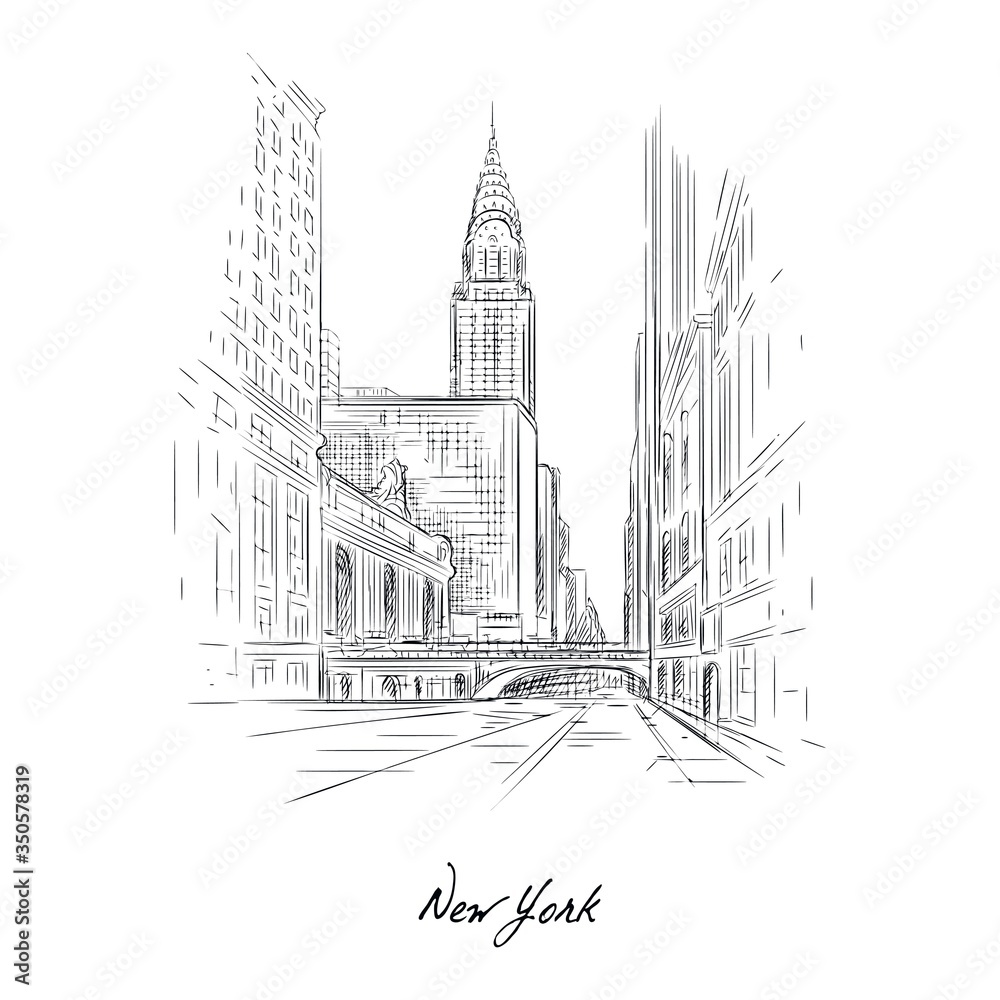 New york city sketch drawing with pencil on paper vector illustration. Detailed picture of world famous city flat style. Modern art and creativity concept. Isolated on white background