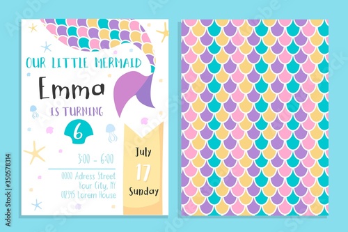 Our little mermaid birthday party invitation vector illustration. Bright and colourful decoration for child event flat style. Celebration address. Isolated on blue background