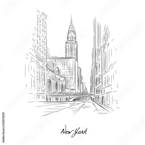 New york city sketch drawing with pencil on paper vector illustration. Detailed picture of world famous city flat style. Modern art and creativity concept. Isolated on white background
