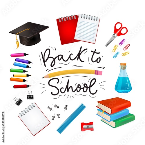 Set of different school supplies for children vector illustration. Notebook pen marker scissors glassware book and ruler flat style. Back to school concept. Isolated on white background