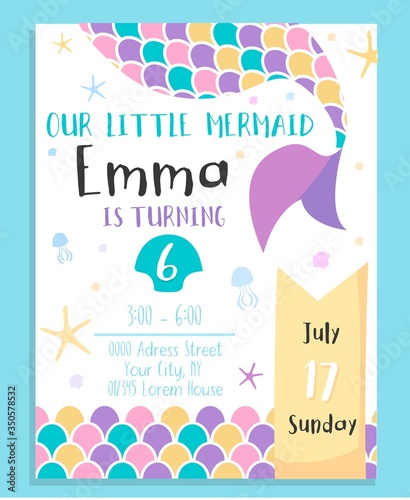 Cute mermaid birthday costume party invitation vector illustration. Address information about festive event flat style. Childhood concept. Isolated on blue background
