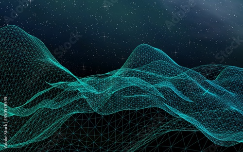 Abstract landscape on a dark background. Cyberspace grid. hi tech network. Outer space. Starry outer space texture. 3D illustration