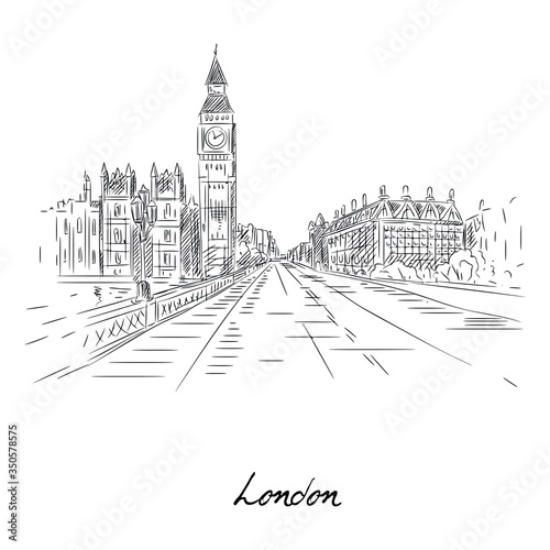 Beautiful london city sketch with pencil on paper vector illustration. Street of famous city flat style. Modern art and architecture concept. Isolated on white background
