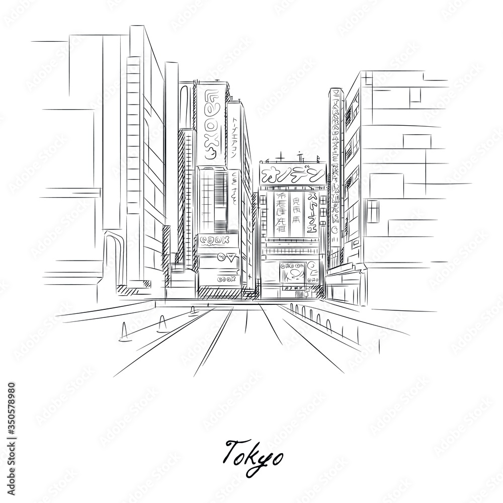 Tokyo city and streets sketch with pencil on paper vector illustration. Street of famous city flat style. Modern art creativity and architecture concept. Isolated on white background
