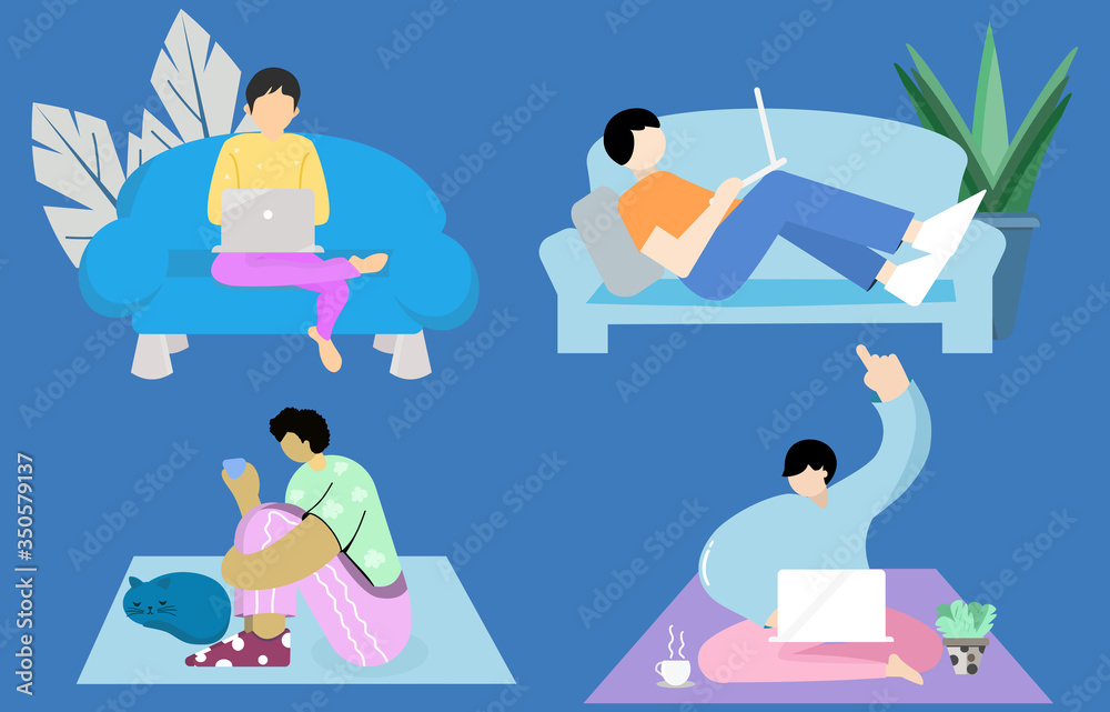 Set man work from home.boy playing phone and laptop for business office,concept at home.