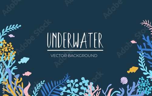 Under sea simple landscape with fish and plant vector illustration. Underwater world flat style. Colourful sea plants and coral reefs. Marine life landscape concept. Isolated on blue background