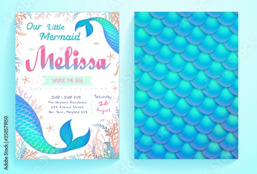 Under sea party invitation template for event vector illustration. Bright decoration for card flat style. Fish tail on surface. Address information. Isolated on blue background