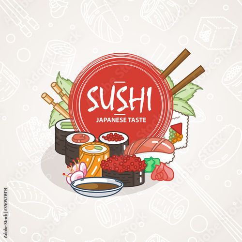 Sushi. Japanese food. Rolls with fish and caviar on eco plate, chopsticks, ginger and soy sauce. Delicious art for restaurant and bar menu, booklets or prints