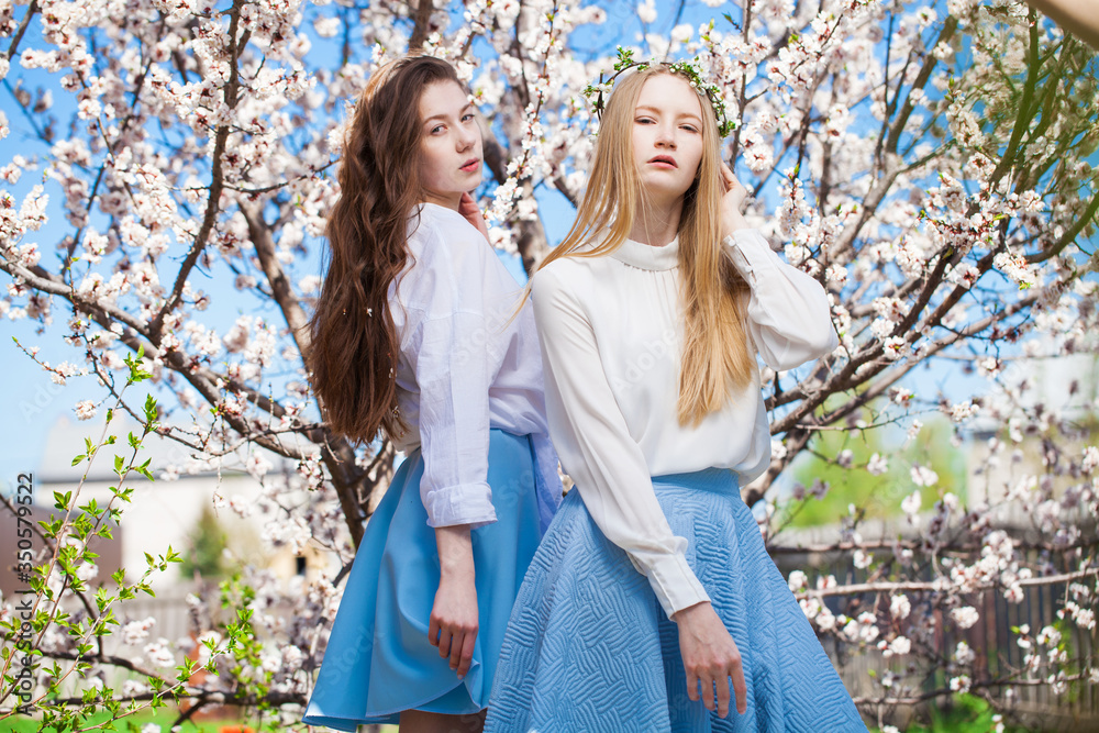 Two young women posing in garden near blossom cherry tree with white flowers. Spring time Two young women posing in garden near blossom cherry tree with white flowers. Spring time