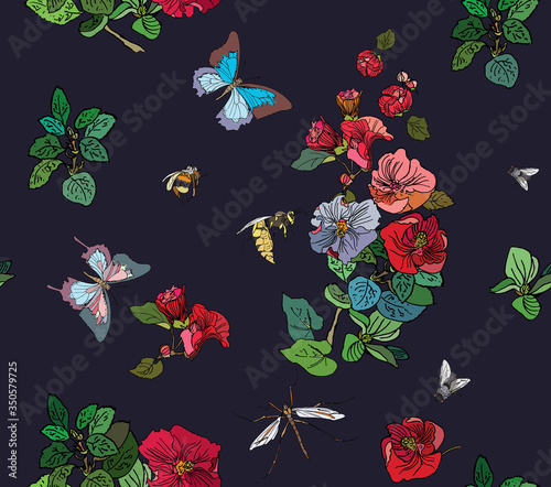 Colorful Herbal Plants with Insects on Dark Background, Floral Seamless Pattern with Butterfly, Bees, Bumble Bees, Botanical Garden Textile Design