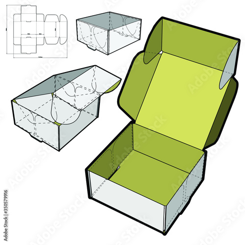 Box self assembly  (Internal measurement 5x5x2.5cm) and Die-cut Pattern. The .eps file is full scale and fully functional. Prepared for real cardboard production.