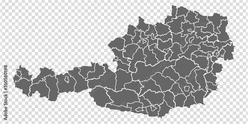 Blank map Austria in gray. High detailed vector map of Austria with provinces  and on transparent background for your web site design, logo, app, UI.  EPS 10.  - obrazy, fototapety, plakaty 
