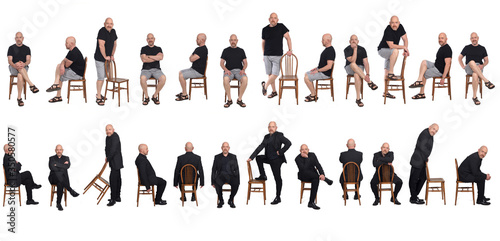 large group of same man sitting and standing on white backgound  elegance and shorts