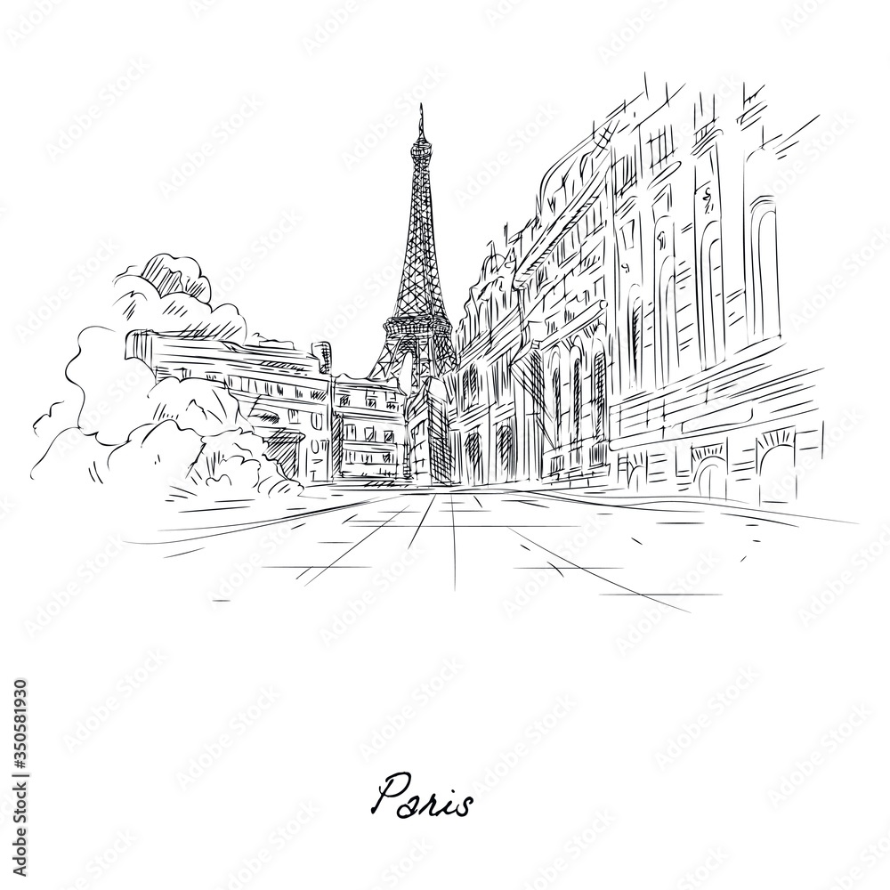 Beautiful paris city sketch painted with pencil on paper vector illustration. Street of famous city flat style. Modern art and architecture concept. Isolated on white background