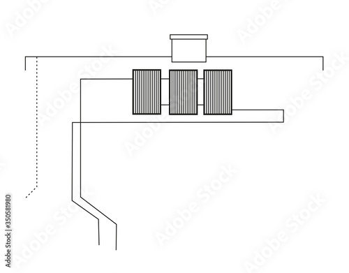 Isolated scheme of solar panels thermal installation. Black line vector technic illustration.