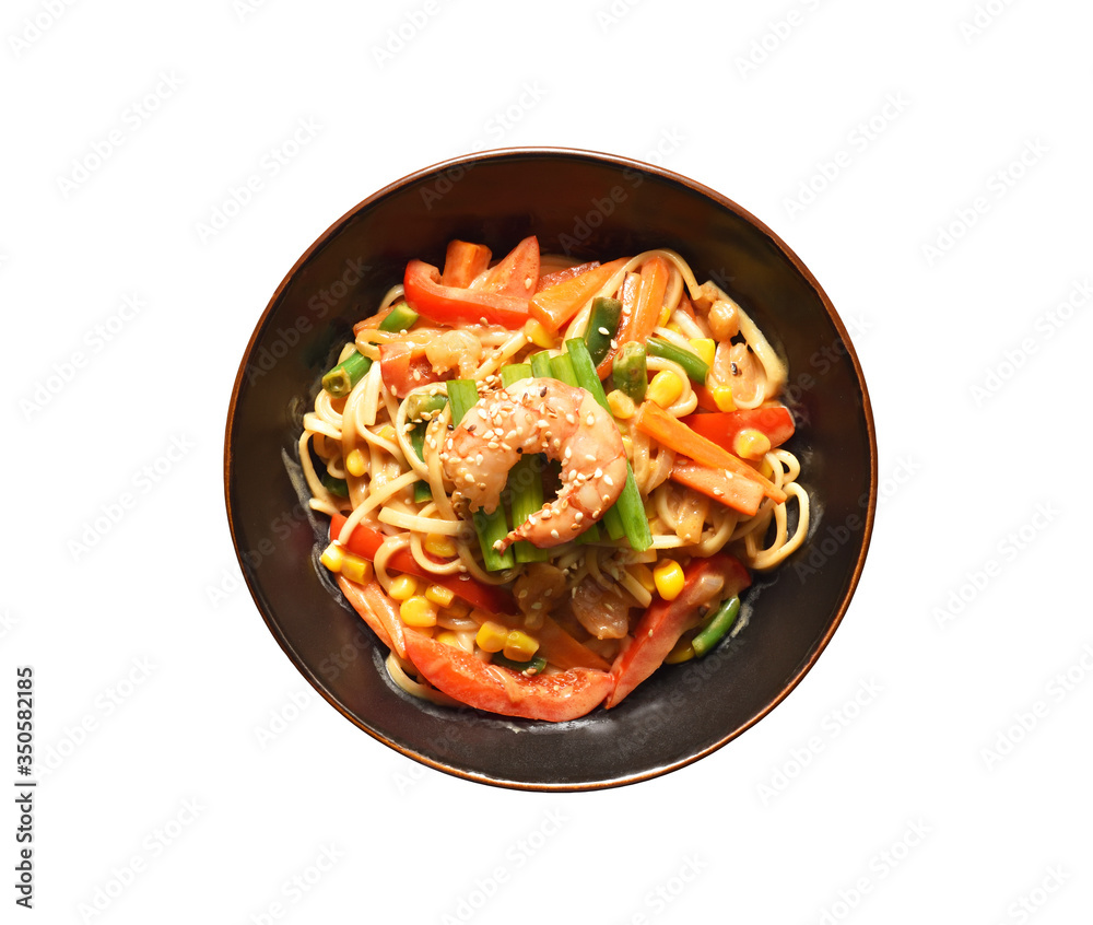 Bowl with wok noodles and shrimp isolated on a white background Bowl with wok noodles and shrimp isolated on a white background