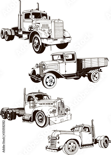 retro truck set, monogram, black, sketch, vector, label