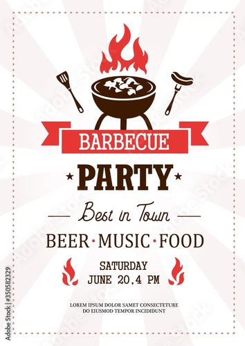 Barbeque party best in town template with text vector illustration. Invitation with grill and food flat style. Beer music food. Address information of festive event. Fun concept