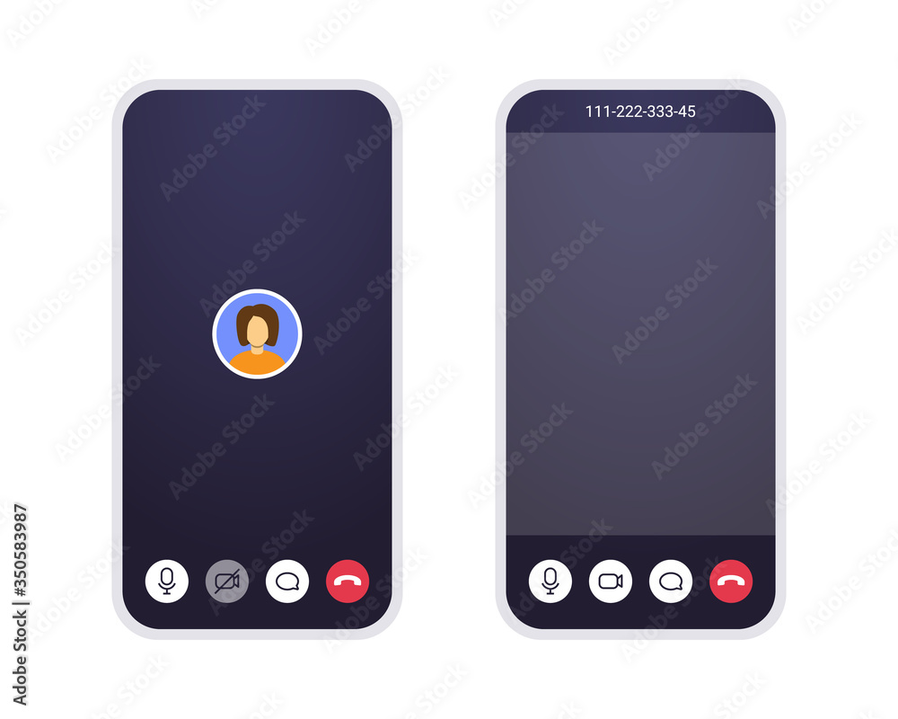 Video call screen, mobile app with blank display for video, user avatar, mic and text chat icons. UI conference mockup for home office and online learning on quarantine. Smartphone screen template. Video call screen, mobile app with blank display for video, user avatar, mic and text chat icons. UI conference mockup for home office and online learning on quarantine. Smartphone screen template.