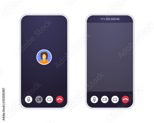 Video call screen, mobile app with blank display for video, user avatar, mic and text chat icons. UI conference mockup for home office and online learning on quarantine. Smartphone screen template.