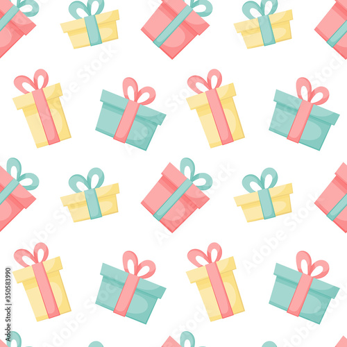 Vector abstract endless background with colored present boxes. Gifts for the holiday on a white background. Great for paper, card, wallpaper, banner, fabric, interior. Seamless pattern.