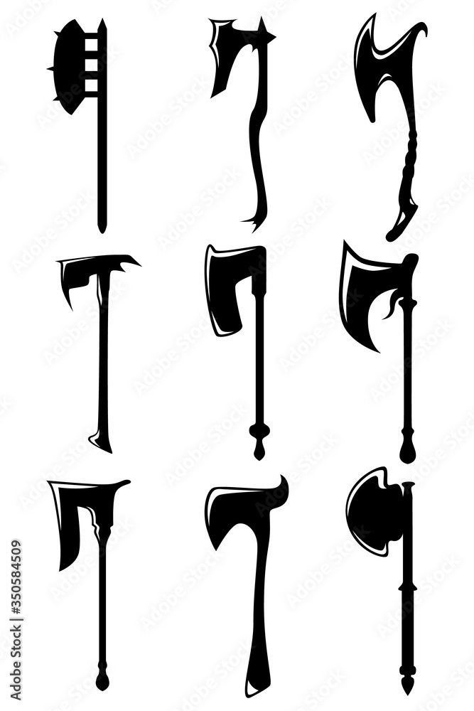 A set of nine different kinds of medieval axes. Illustration for various purposes icons, brochures, banners, logo. A set of nine different kinds of medieval axes. Illustration for various purposes icons, brochures, banners, logo.