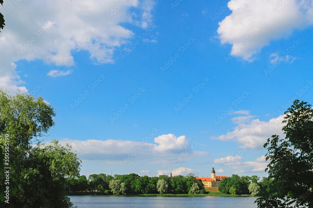 Panoramic view of the architectural complex Nesvizh Castle from the river. Postcard concept