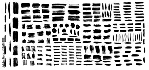 Brush strokes. Vector paintbrush set. Round rectangle diagonal grunge design elements. Dirty distress texture banners. Hand drawn vector illustration isolated on a white background. 