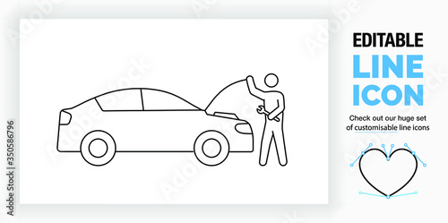 Editable line icon of a car mechanic looking under the hood, part of a huge collection of icons and stick figures! 