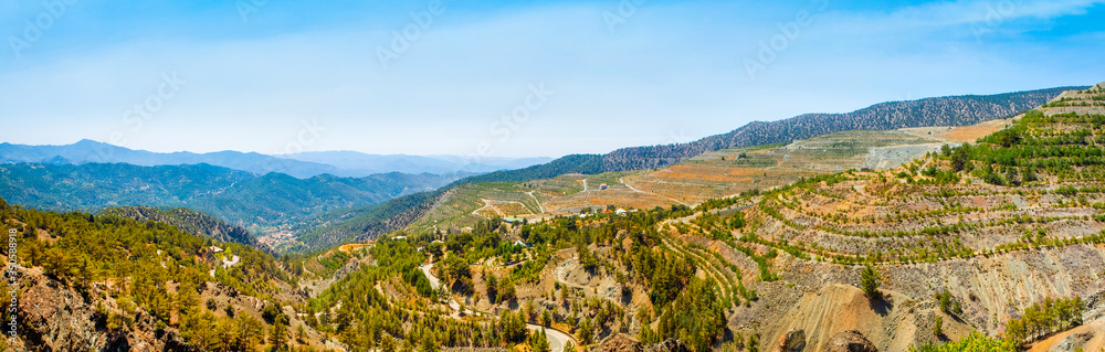 Panoramic landscape with mountain and green hills