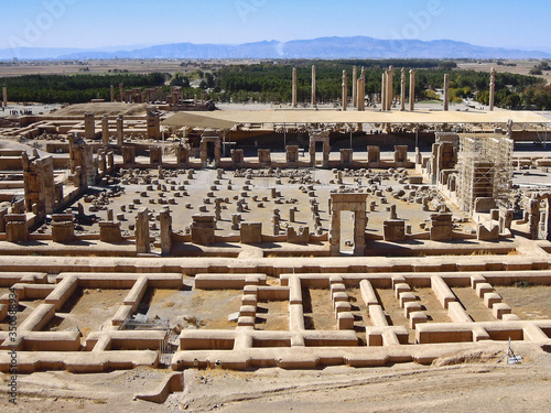 Panoramic view on the ruins of Persepolis, ex capitol of Ancient Persia, its palaces, buildings and columns. Museum is located near by Shiraz, Islamic Republic of Iran photo