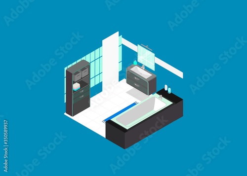 isometric bathroom, interior view blue background house, home