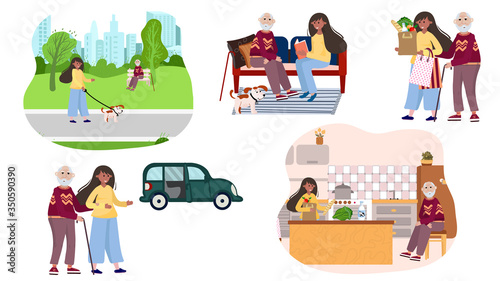 Set of volunteer helps senior with cane. Woman support old man in transportation to hospital, mall, rehabilitation. Granddaughter with grandfather walk in park with dog. Lady read book retired man.