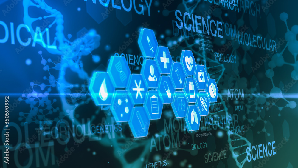 medical scientific concept, hexagon grid with icons related to medicine and research, dna helix and molecular structure on background (3d render) medical scientific concept, hexagon grid with icons related to medicine and research, dna helix and molecular structure on background (3d render)
