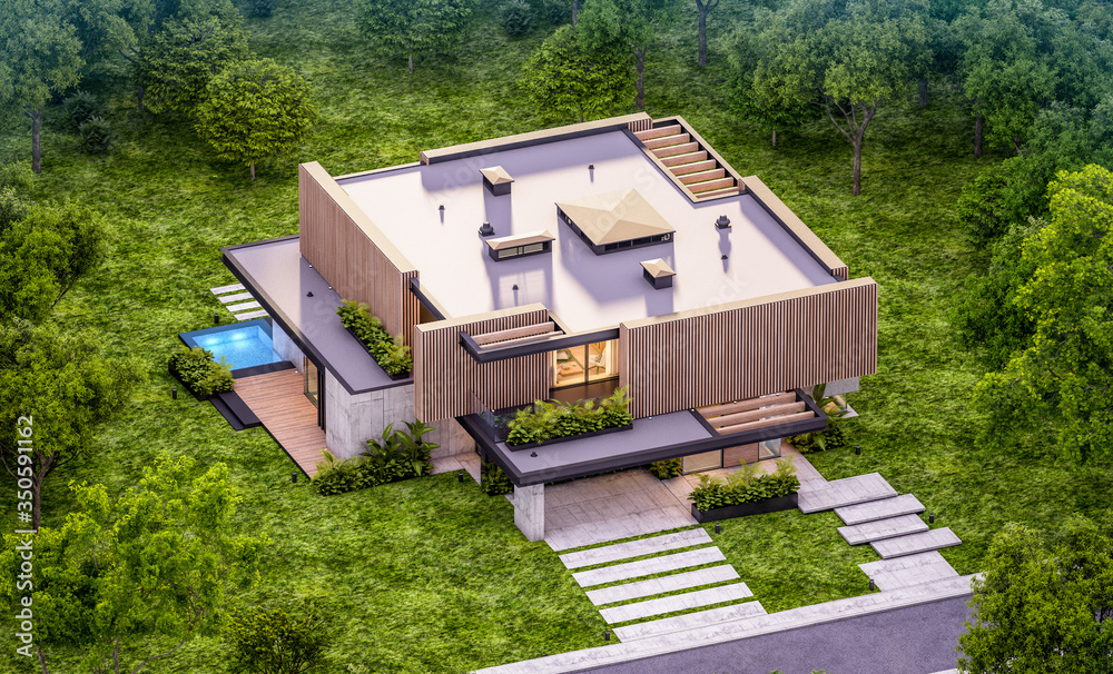 3d rendering of modern cozy house with parking and pool for sale or rent with wood plank facade and beautiful landscaping on background. Clear summer evening with cozy light from window. 3d rendering of modern cozy house with parking and pool for sale or rent with wood plank facade and beautiful landscaping on background. Clear summer evening with cozy light from window.