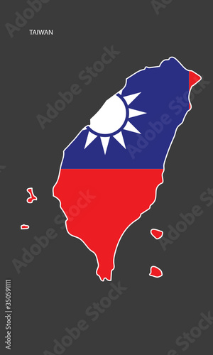 Sticker map of Taiwan white border on dark grey background. Taiwan sticker  flag in map shape on barely dark background.