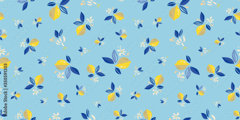 Vector floral modern mediterranean summer lemon repeating pattern. Hand drawn bright textured citrus fruit pattern with leaf and bud on blue background. Classy simple summer backdrop.