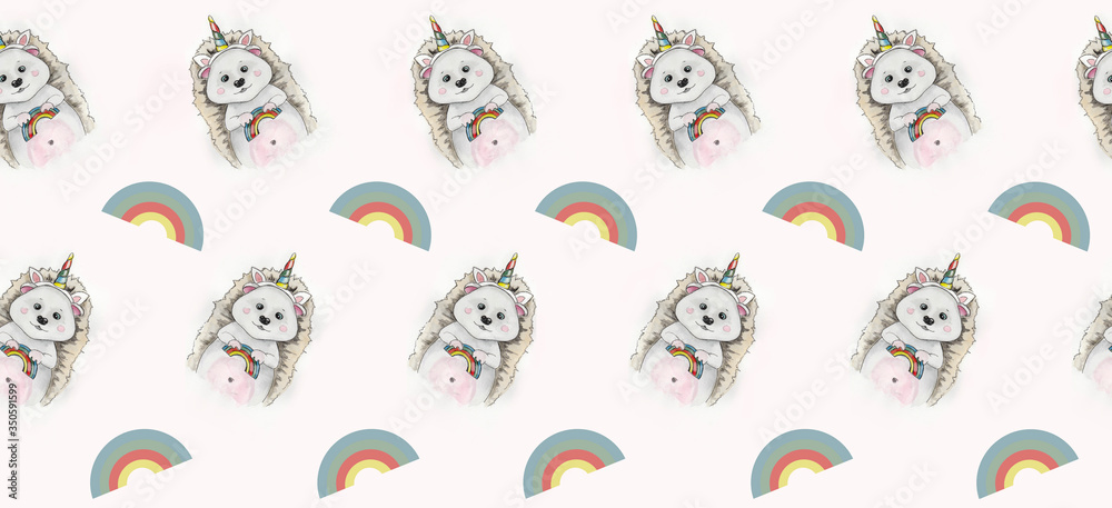 Plakat Seamless pattern little hedgehog in a unicorn and rainbow costume.