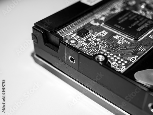 Computer hard drive in black and white