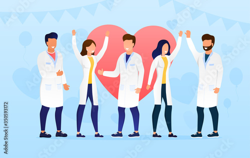 A group of doctors celebrate the victory Happy faces specialists Young beautiful doctors in white clothes enjoy the moment of victory Cheerful Professionals enjoy the moment Flat Vector Illustration