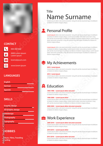 Professional personal resume cv in red white design template