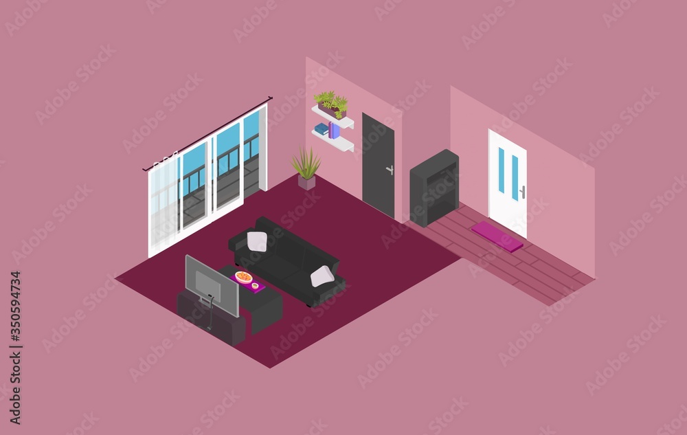 isometric illustration of a modern building, living room, purple, violet wall 