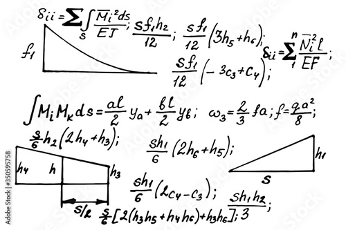 Physical notation with the equations, figures, schemes, plots and other calculations on whiteboard. Handwritten vector illustration. Scientific and educational background.
