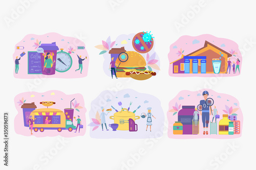 Set of 6 illustrations. The concept of sports nutrition. Online food ordering. Pure water. Logo. Street food. Colorful vector illustration.