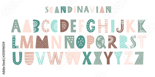 Latin alphabet in cartoon style. Characters in nordic scandinavian style. Cute colorful vector English alphabet, funny hand drawn typeface, ABC uppercase. Good for cards, posters, nursery designs