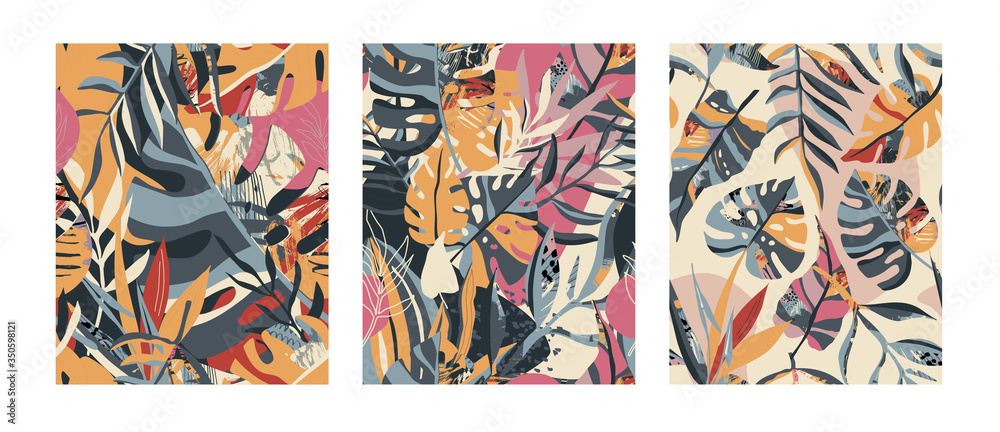 Fototapeta premium Vector collection of trendy creative summer seamless patterns with floral exotic tropical elements, palm leaves
